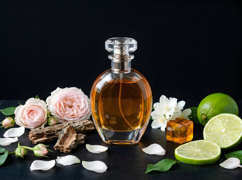 Elegant perfume bottle with flowers and lime slices
