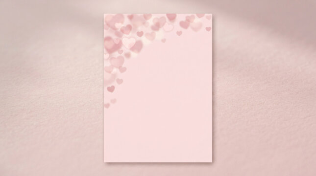 Minimalist celebration template displaying solid soft pink copy space area cascading frame floating blurry pastel pink heart shapes corner elegant romantic graphic card mock up