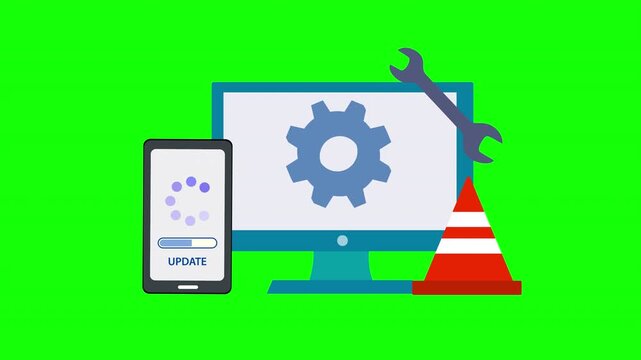 Software Update and Computer Maintenance Concept with Monitor, Smartphone, Gear, Wrench and Progress Screen