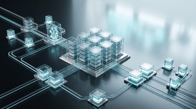 Futuristic quantum computer server nodes connected by glowing light paths in a digital database network