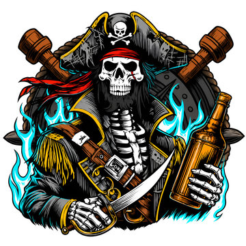 Skeleton Pirate Captain with Blue Flames &mdash; Nautical Mascot Illustration