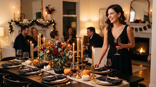 Elegant Autumn Dinner Party with Friends and Family Celebrating Thanksgiving or Fall Holiday