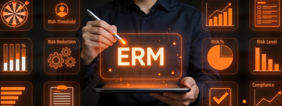 ERM Risk Data Analytics Holographic Interface With Professional Using Stylus On Tablet