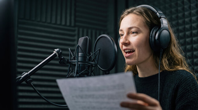 Professional voice artist wearing headphones reads a script into a condenser microphone during a recording session in a soundproof studio with foam