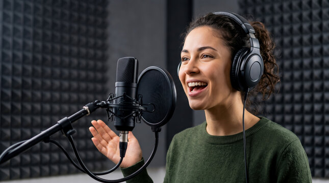 Professional woman speaks into a microphone while wearing headphones in a sound recording booth with black wall foam panels for audio production work
