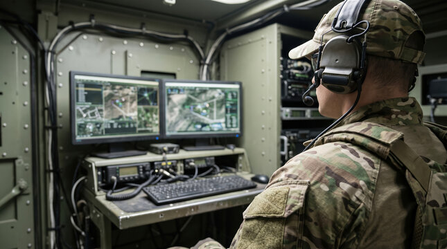A soldier in camouflage uses a headset to analyze digital maps and data on multiple monitors inside a secure mobile military control station during a