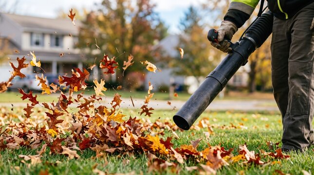 Person clearing dry autumn leaves from a green grassy yard with a leaf blower on a sunny fall day in a suburban neighborhood while performing routine