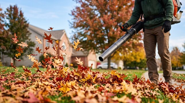 Person uses a gas powered leaf blower to move autumn leaves into piles on a green lawn in front of a house during the fall season while trees display