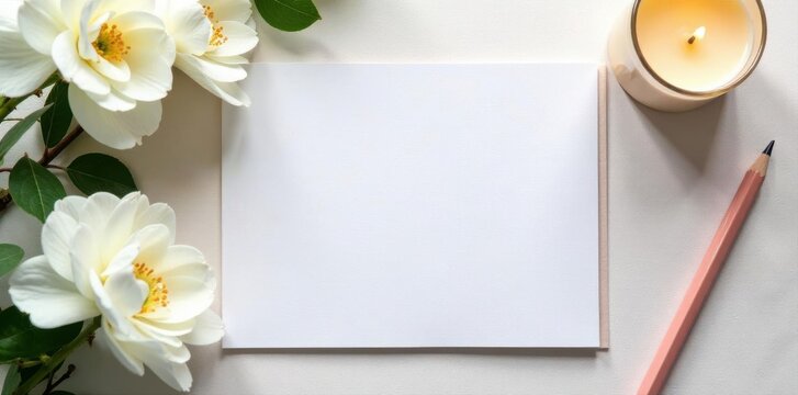 Stylish wedding invitation flatlay Blank card, white blooms, candle, pencil , flatlay, wedding