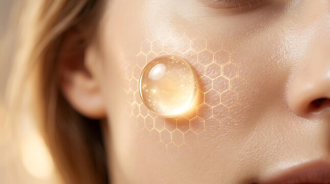 Golden liquid drop on woman skin with honeycomb pattern