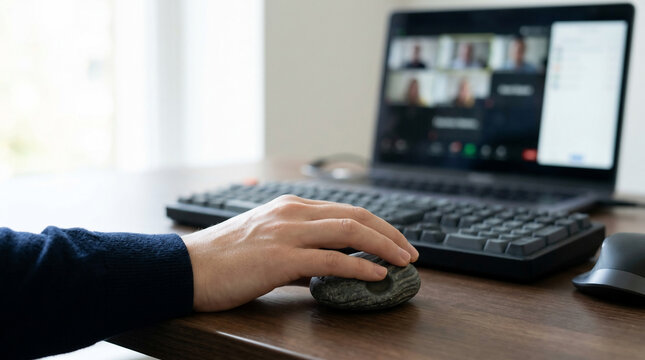 Hand on ergonomic pebble mouse on desk, blurred laptop screen showing video conference, concept for remote work, virtual meetings and productive home office.