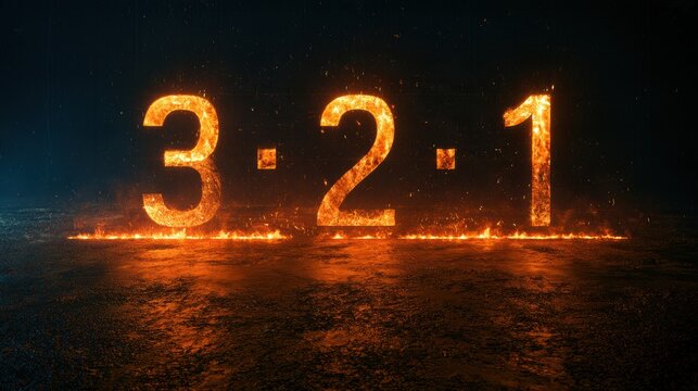 Large glowing amber numbers count down from three to one on a dark wide banner. The scene has an urgent and energetic feel.