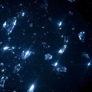 Abstract scattered ice crystal fragments glowing with blue light in a dark frozen atmosphere