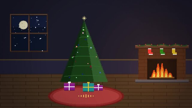 Pixel art animation of a cozy Christmas living room featuring a decorated tree with twinkling lights, a warm flickering fireplace, and snow falling outside the window. Seamless 8-second loop, 4K ready