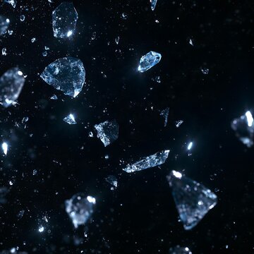 Abstract scattered ice crystal fragments glowing with blue light in a dark frozen atmosphere