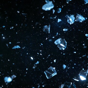 Abstract scattered ice crystal fragments glowing with blue light in a dark frozen atmosphere