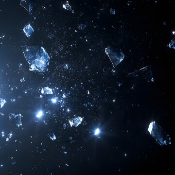 Abstract scattered ice crystal fragments glowing with blue light in a dark frozen atmosphere