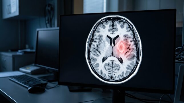 Computer monitor displaying a medical brain scan showing a highlighted tumor or lesion in a dark hospital room