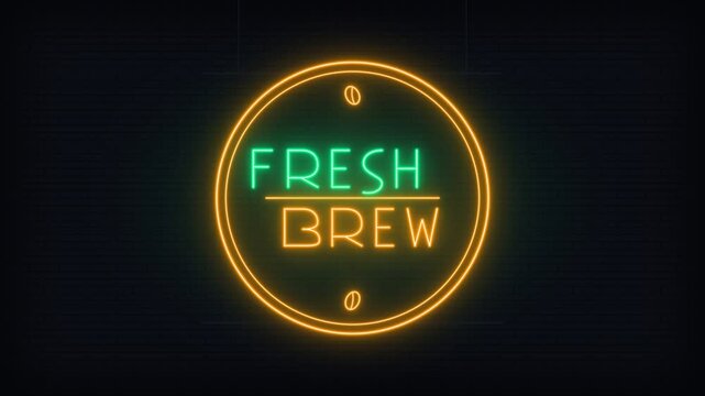 Fresh brew glowing neon coffee sign animation footage featuring vibrant circular illumination against dark brick wall for cafe branding display