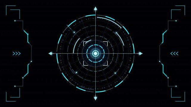 Futuristic radar HUD with concentric scanning rings, crosshair markers and glowing cyan interface element. Tactical circular radar display with luminous digital effect for detection system