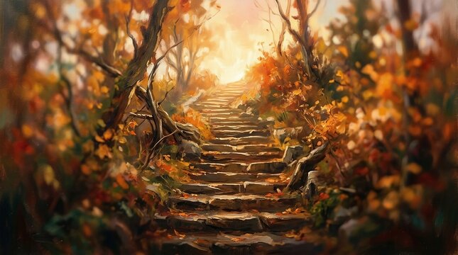 Stairway leading to bright light surrounded by colorful autumn foliage and trees