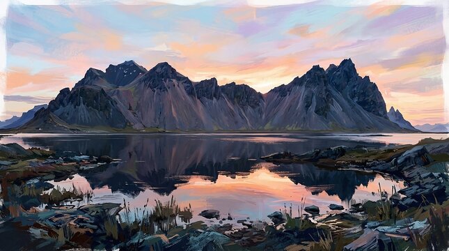 Dramatic mountain range reflected in calm water at sunset with colorful sky