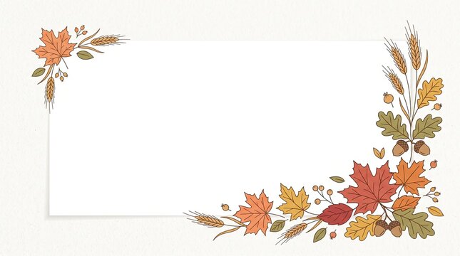 Autumnal leaf and wheat border frame isolated on white background