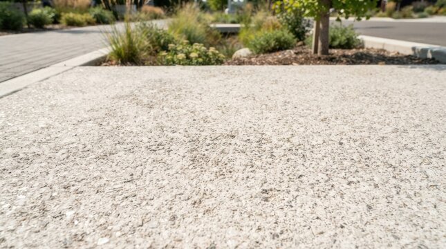 urban heat island mitigation Empty concrete surface with garden plants and trees in the background