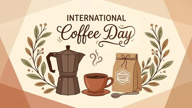 International Coffee Day illustration featuring a moka pot cup of coffee and beans with decorative leaves
