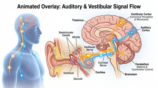Medical Diagram of Human Auditory and Vestibular Neural Pathways