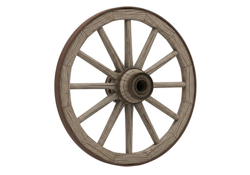 Old rustic wooden wagon wheel for antique carriage or western farm cart isolated on transparent background