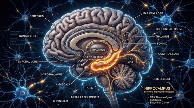 Anatomy of human brain diagram with hippocampus highlighted illustration