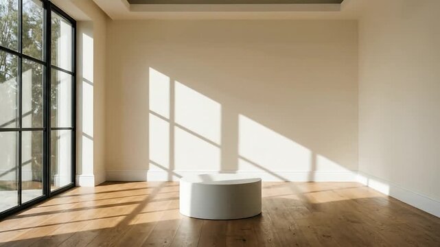Minimalist empty room with white podium and bright sunlight through a large window on wooden floor