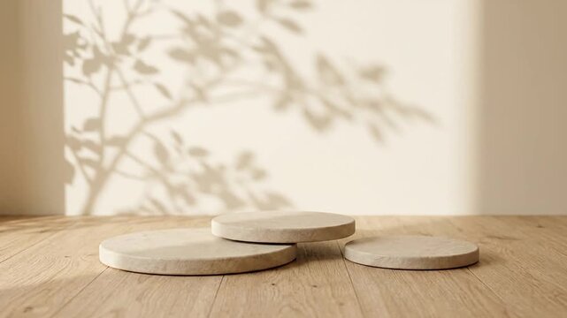 Three circular stone podiums on wooden floor with leaf shadows on neutral wall background