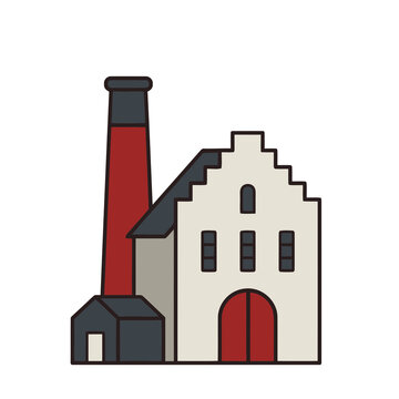 Stylized building with tall chimney