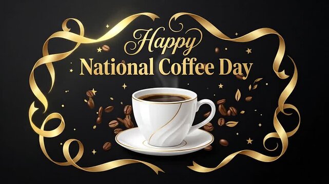 White coffee cup with steam and gold ribbon frame on black background for National Coffee Day celebration