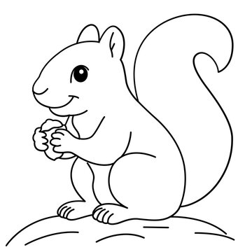 Cute squirrel outline illustration holding food for woodland animal vector designs.