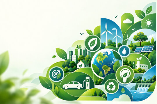 AI generated sustainable green ecosystem Earth renewable energy electric transport recycling water clean technology representing environmental conservation future innovation