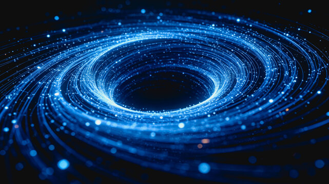 A 3D rendered abstract digital vortex made of glowing blue particles, simulating cosmic or data flow with swirling patterns.