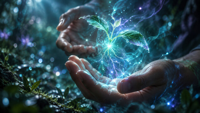AI generated glowing seedling floating between caring hands luminous roots blue teal energy representing growth sustainability nature protection environmental hope