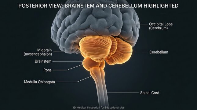 Posterior view of human brainstem and cerebellum anatomy illustration