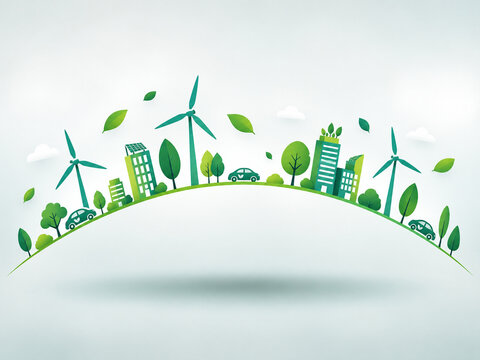 AI generated sustainable green city wind turbines electric vehicles solar buildings trees symbolizing renewable energy clean technology smart mobility ecological urban future