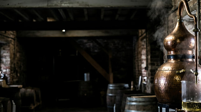 Traditional Copper Pot Still and Wooden Casks in a Dark Rustic Distillery Cellar for Spirit Production
