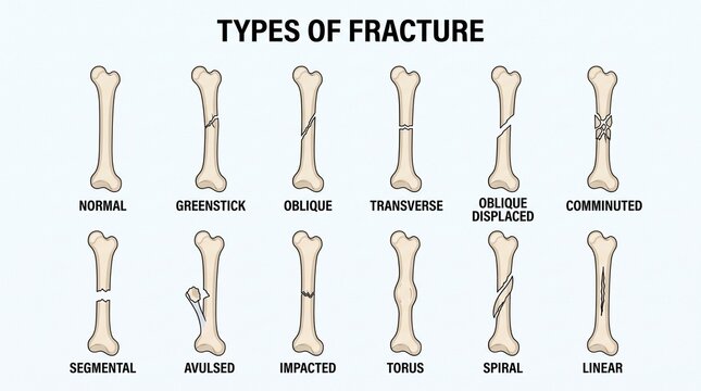Medical illustration showing different types of human bone fractures