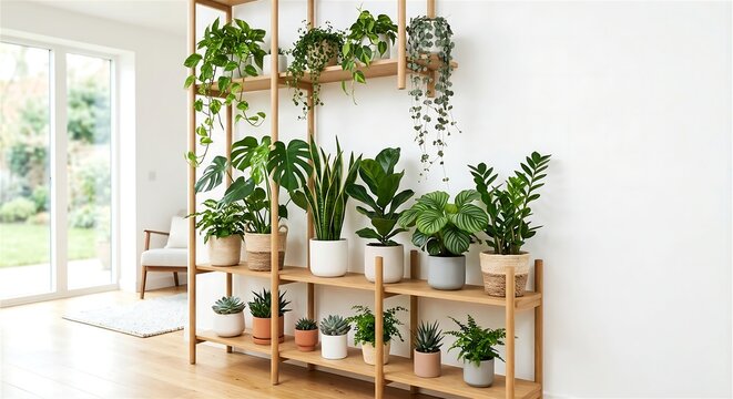 Wooden Tiered Plant Shelf Full Of Houseplants Monstera Pothos ZZ Plant In Bright Living Room