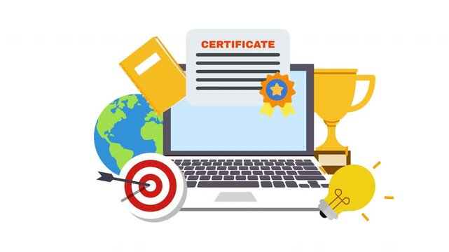 Online Education Achievement Concept with Laptop, Certificate, Trophy, Globe, Target and Light Bulb for Professional Success