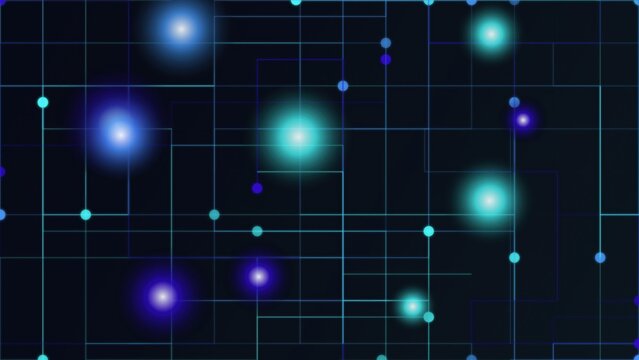 Abstract digital network grid with glowing blue and purple nodes during dark night concept