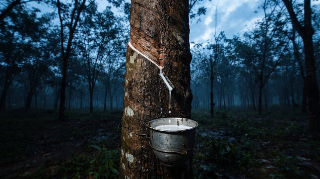Rubber tree tapping with latex dripping into metal cup in plantation