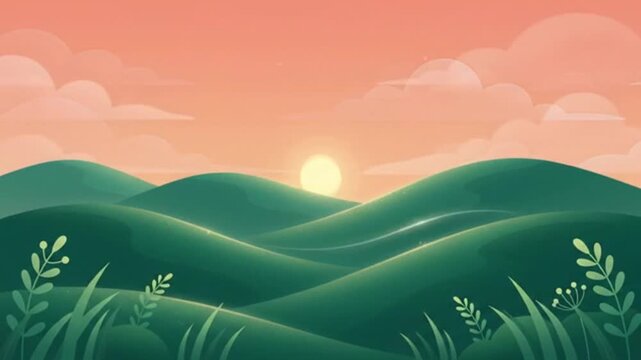 Stylized vector illustration of rolling green hills under a beautiful peach sunset sky with gentle wind swaying foreground grasses and plants