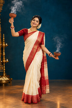 Joyful bengali woman holding smoking clay incense burners in traditional saree during durga puja ritual with temple lamps and navratri celebration devotion